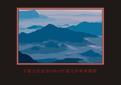 矢量油画山峰蓝天白云挂画