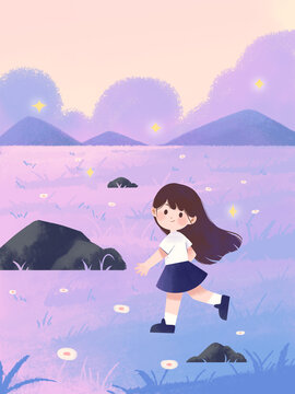 紫色治愈小女孩在草地上吹風(fēng)