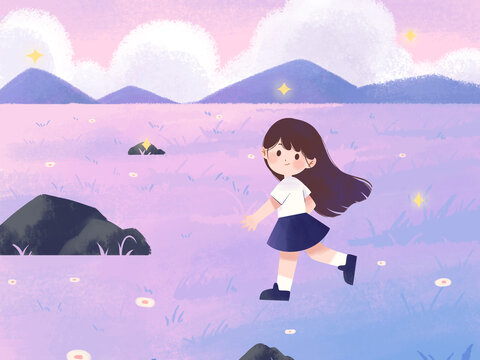 紫色治愈小女孩在草地上吹風(fēng)