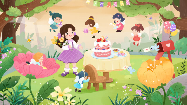 女孩和精靈一起過生日聚會插畫