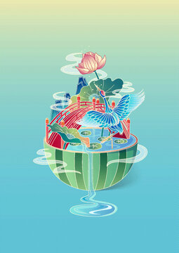 小橋與西瓜荷花荷葉國風(fēng)插畫