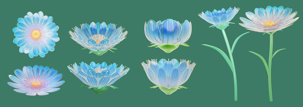 三维渐层蓝色玻璃花卉不同角度绽放模型集合