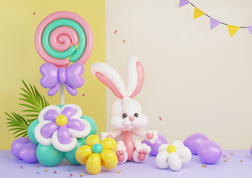 浅黄米色背景前的棒棒糖花卉与兔子造型气球
