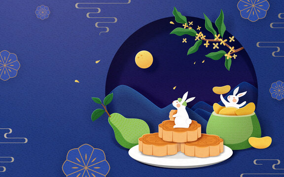 古風(fēng)中秋節(jié)橫幅 滿月山景玉兔柚子與月餅