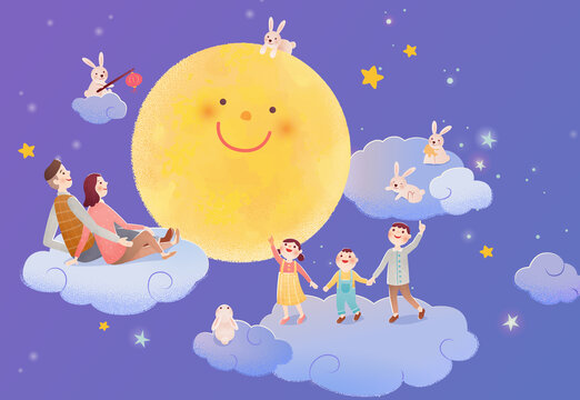 溫馨玉兔與家人歡聚云朵上賞月慶中秋插畫