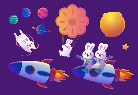 玩趣扮演各种角色造型白兔与外太空元素集合