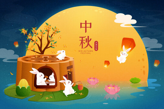溫馨手繪池塘荷葉上玉兔的月餅屋與滿月插畫