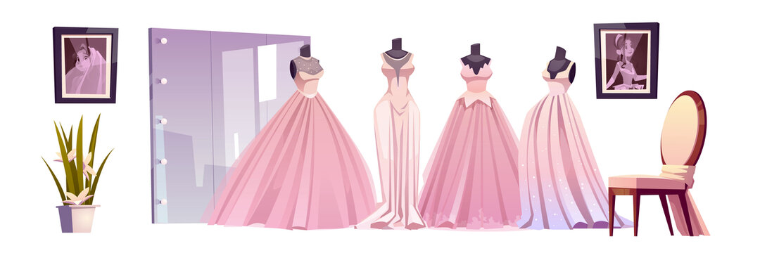 婚纱店里的整排粉色新娘礼服插图