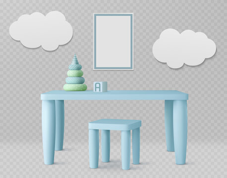 天空蓝儿童桌椅与墙面装饰素材