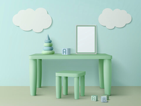 粉嫩绿色儿童桌与装饰天空墙面室内设计