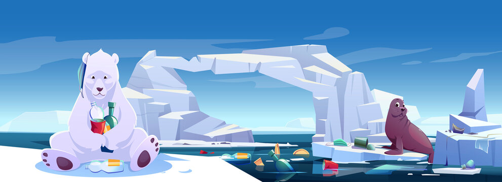 北极熊与海豹 塑料垃圾海洋污染横幅插图