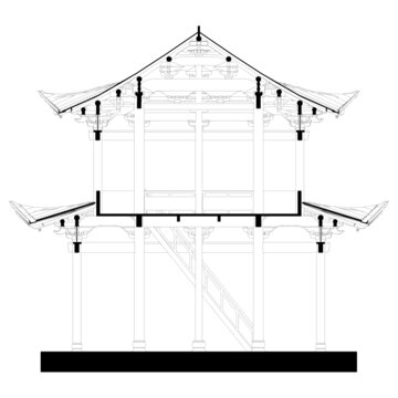 扁作楼厅正横剖面线稿图