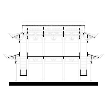 扁作楼厅纵剖面线稿图