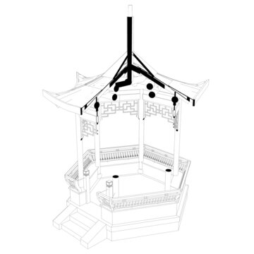 六角亭大木作立體剖面線稿圖