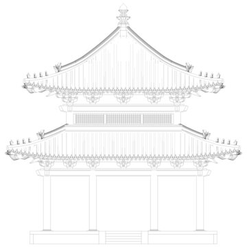 重檐方亭正立面线稿图