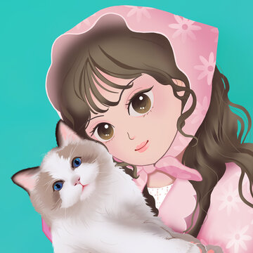 布偶貓咪Q版田園女孩頭像插畫