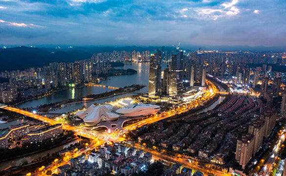 航拍湖南长沙岳麓区城市夜景