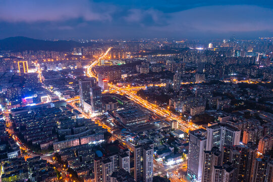 航拍湖南长沙岳麓区城市夜景