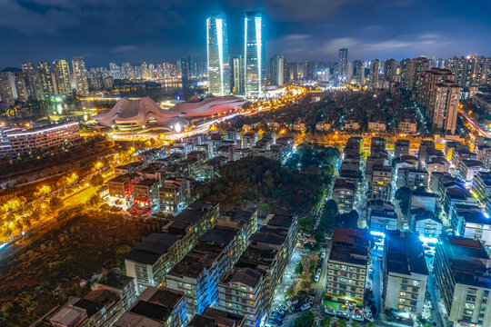 航拍湖南长沙岳麓区城市夜景