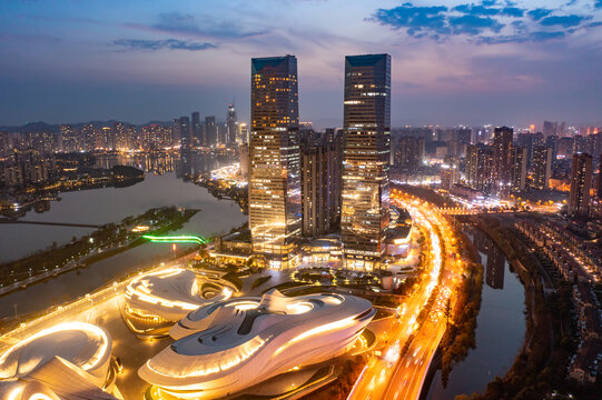 航拍湖南长沙岳麓区城市夜景