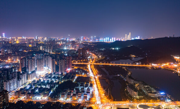 航拍湖南长沙岳麓区城市夜景