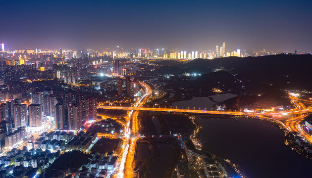 航拍湖南长沙岳麓区城市夜景