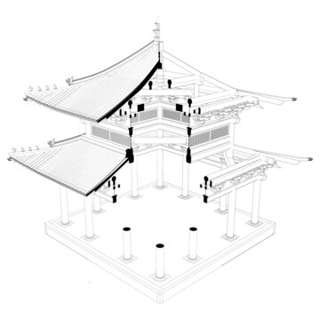 重檐方亭立体剖面线稿图