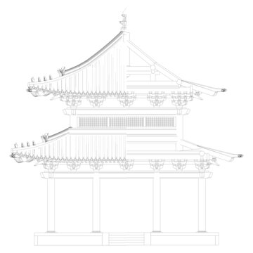 重檐方亭梁架正剖面线稿图