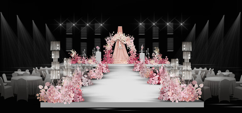 婚礼玫红粉色布幔舞台效果图