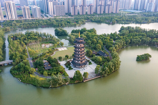 航拍湖南长沙洋湖湿地公园落日