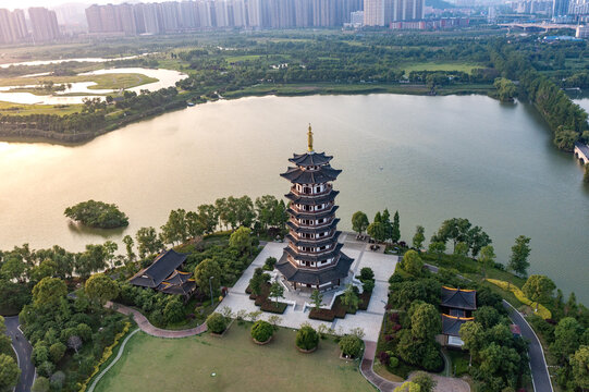 航拍湖南长沙洋湖湿地公园落日