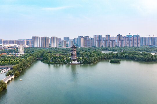 航拍湖南长沙洋湖湿地公园落日