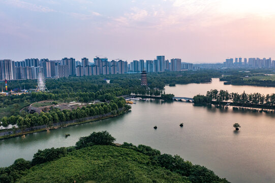 航拍湖南长沙洋湖水街景观