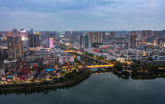 航拍湖南邵阳城市夜景风光