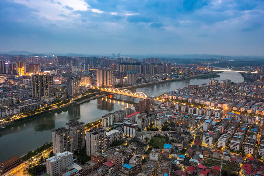 航拍湖南邵阳城市夜景风光