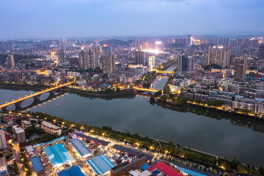 航拍湖南邵阳城市夜景风光