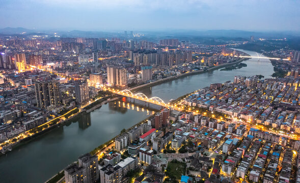 航拍湖南邵阳城市夜景风光