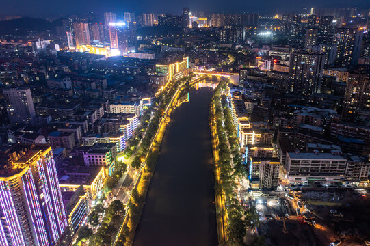 航拍湖南邵阳城市夜景风光