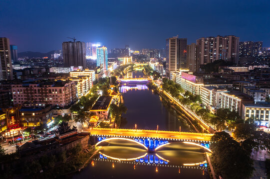 航拍湖南邵阳城市夜景风光