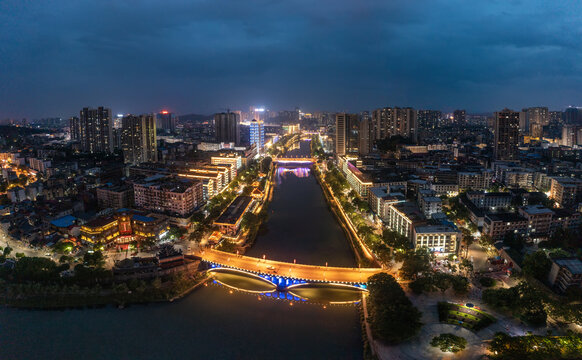 航拍湖南邵阳城市夜景风光