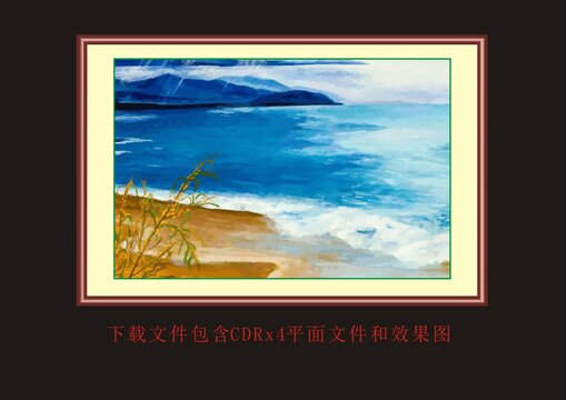 大海海边植物矢量油画风景画