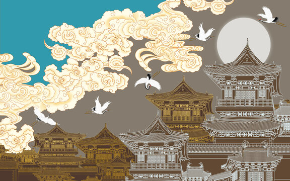 高端閣樓刺繡祥云插畫