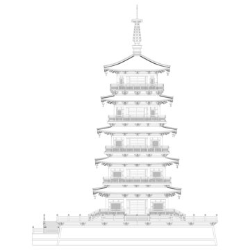 中式唐塔側(cè)立面線稿圖