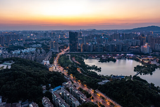 航拍湖南长沙岳麓区城市夜景