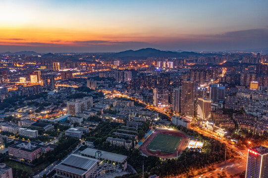 航拍湖南长沙岳麓区城市夜景