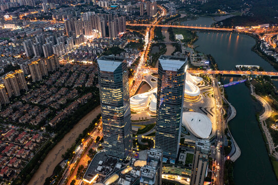 航拍湖南长沙梅溪湖夜景