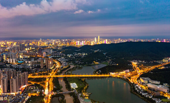 航拍湖南长沙梅溪湖夜景