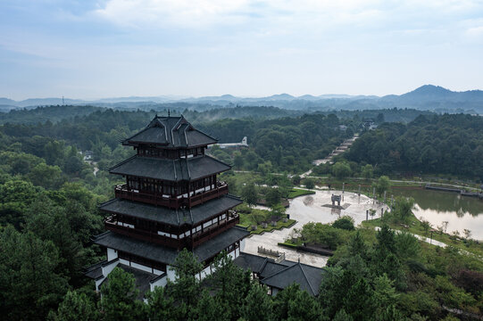 航拍湖南长沙宁乡花明楼景区