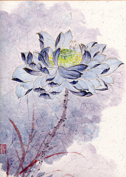 手繪掃描照片國(guó)畫描金邊荷花圖