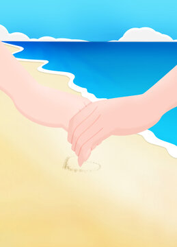夏日沙滩手牵手散步的情侣